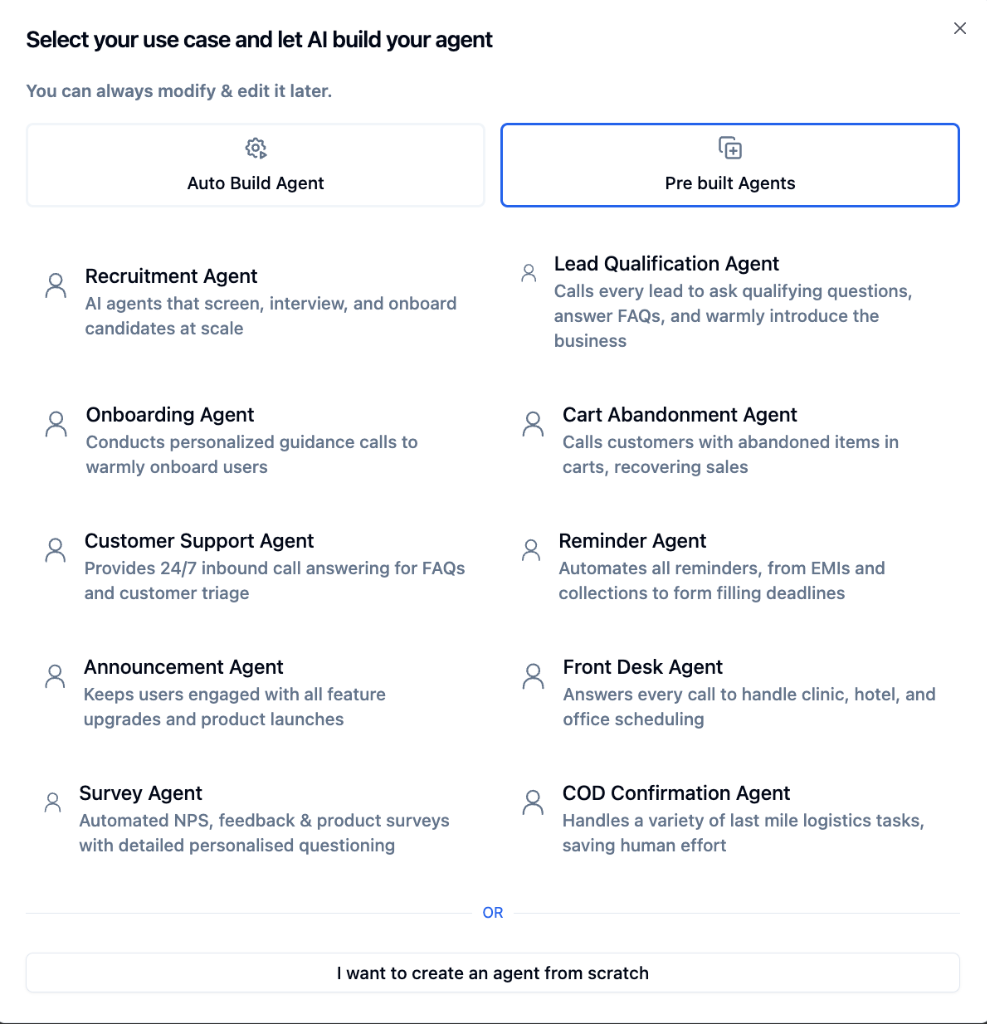 Pre built Agents selection showing templates for Recruitment, Lead Qualification, Onboarding, Customer Support, Survey, and more