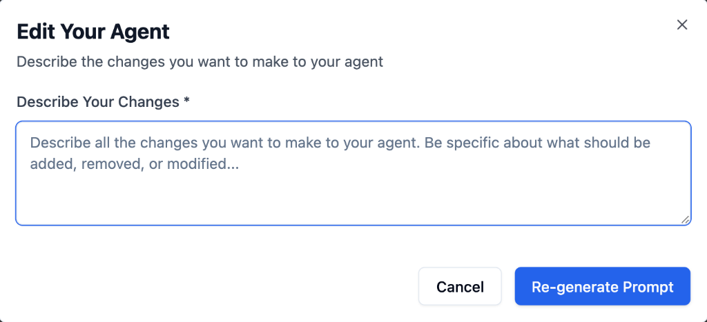 Edit Your Agent modal with description field and Re-generate Prompt button