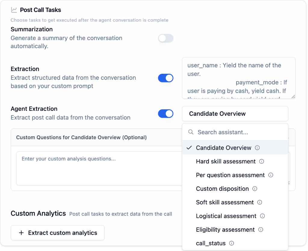 Post Call Tasks showing Summarization, Extraction, and Agent Extraction options with preset templates