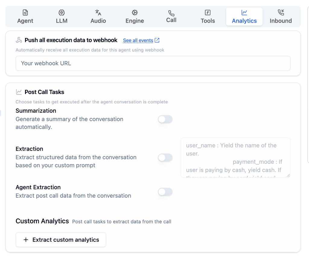 Analytics Tab showing webhook configuration, post-call tasks, and custom analytics options