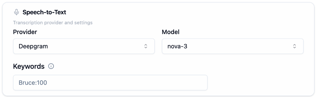 Speech-to-Text section showing Provider dropdown, Model selection, and Keywords field