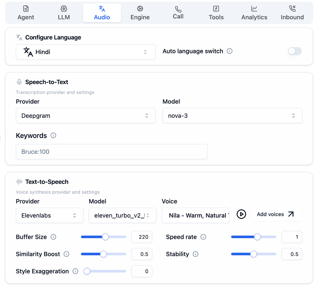 Audio Tab showing language, speech-to-text, and text-to-speech configuration