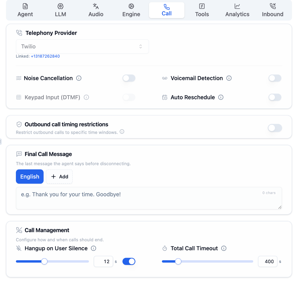 Call Tab showing telephony provider, call features, timing restrictions, and call management