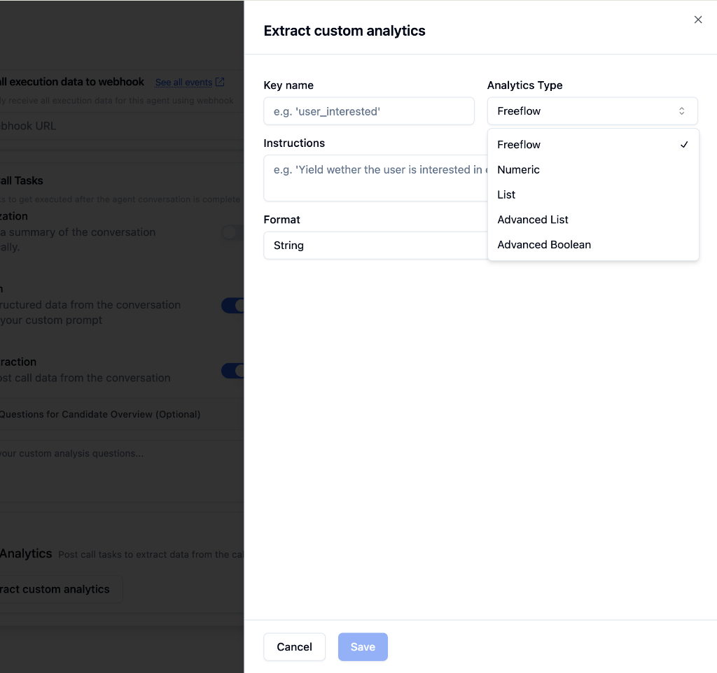 Custom analytics modal showing key name, analytics type, instructions, and format options