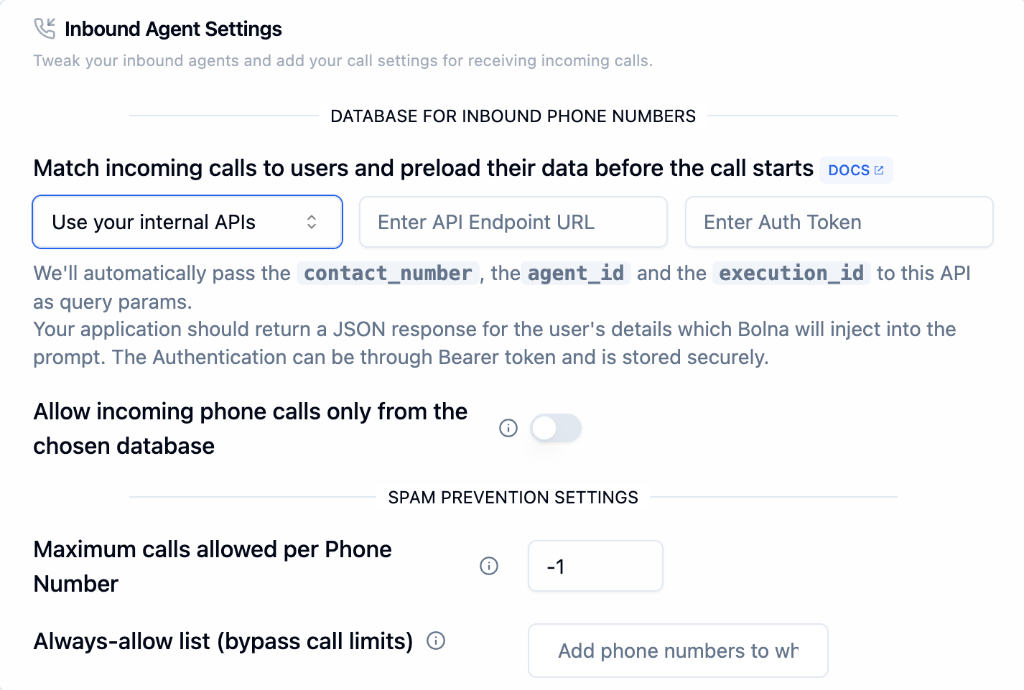 Inbound settings with internal API option showing API Endpoint URL and Auth Token fields