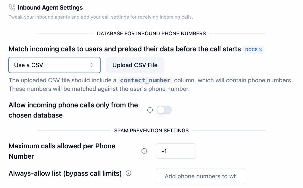 Inbound settings with CSV option showing Upload CSV File button