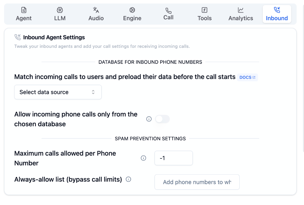 Inbound Tab showing database matching, call restrictions, and spam prevention settings