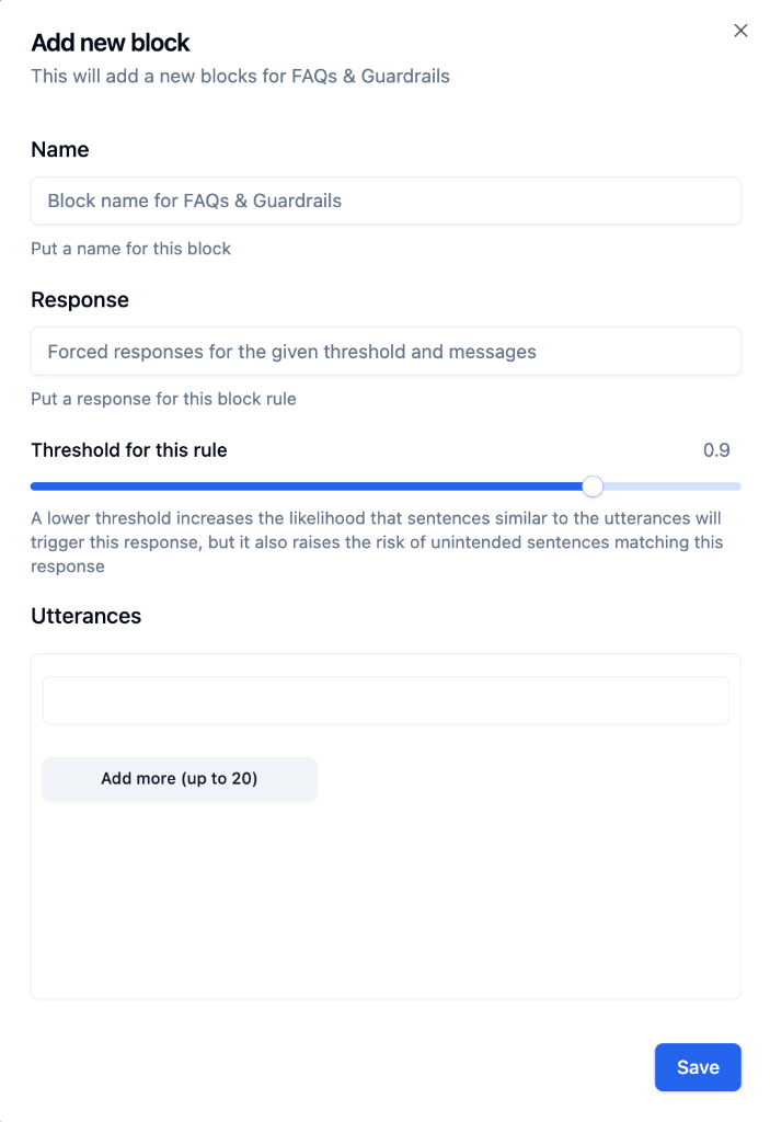 Modal for adding FAQs and Guardrails with Name, Response, Threshold, and Utterances fields