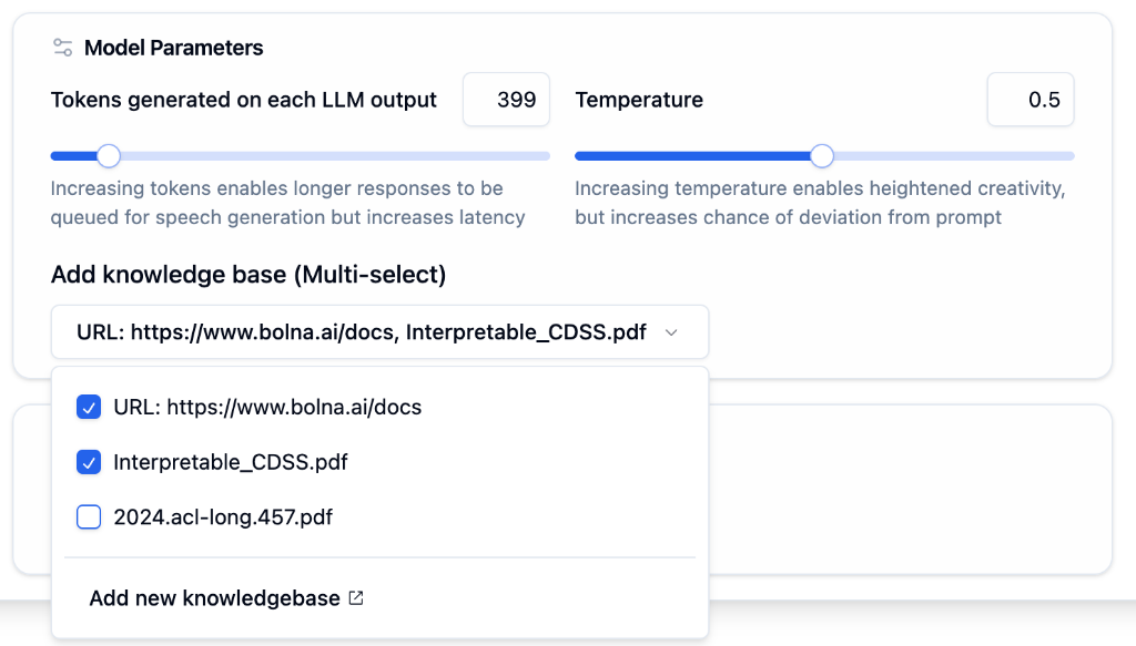 Knowledge base dropdown showing connected URLs and PDFs with Add new knowledgebase option