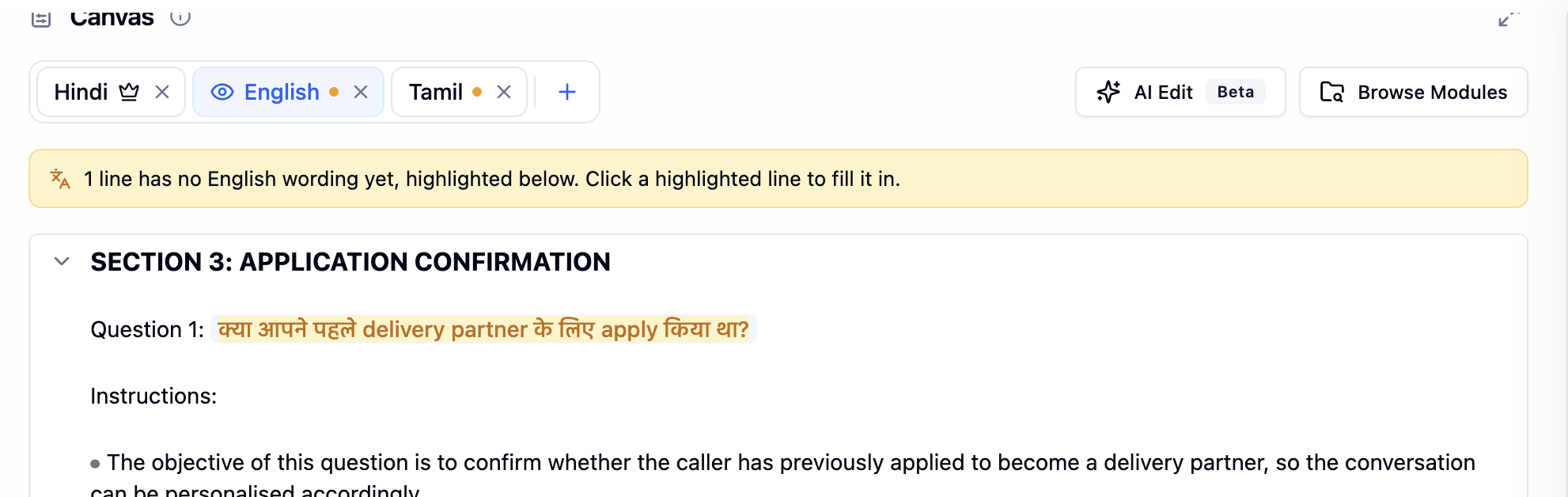 Canvas language chips Hindi with a crown, English and Tamil with amber dots, a + icon, and a banner reading 1 line has no English wording yet, highlighted below. Click a highlighted line to fill it in.