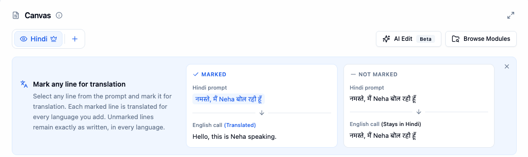 Mark any line for translation explainer at the top of the Canvas, comparing a marked Hindi line that is translated on English calls with an unmarked Hindi line that stays in Hindi