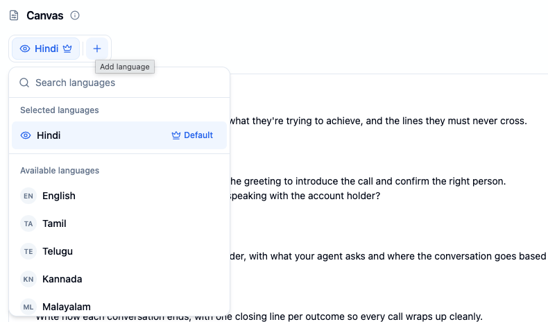 Language picker under the Canvas language chips with a Search languages box, Hindi under Selected languages marked Default, and English, Tamil, Telugu, Kannada and Malayalam under Available languages
