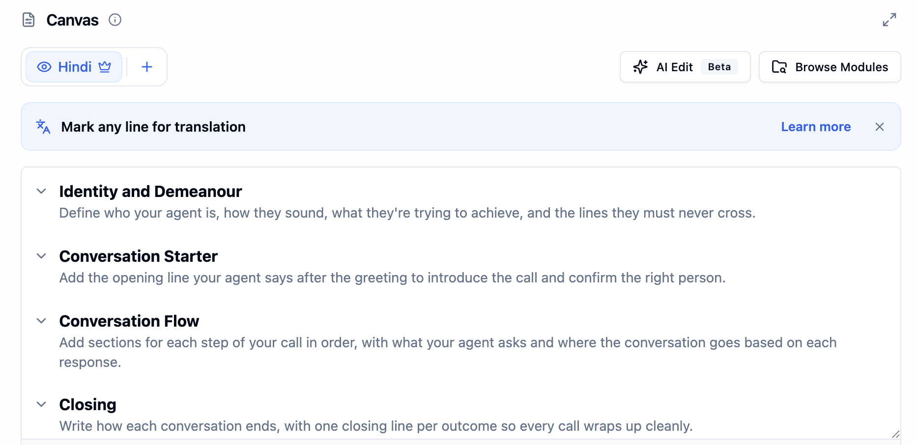 Canvas with the Hindi language chip, AI Edit and Browse Modules buttons, a Mark any line for translation banner, and collapsible Identity and Demeanour, Conversation Starter, Conversation Flow and Closing sections with placeholder text