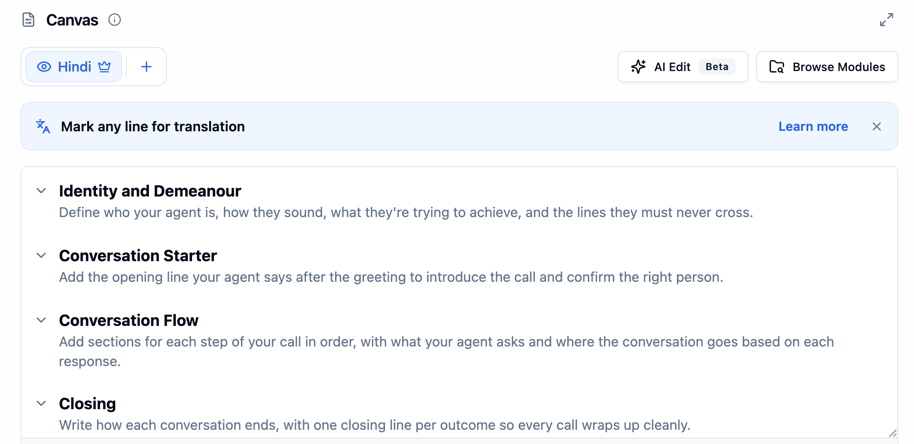 Canvas with the Hindi language chip, AI Edit and Browse Modules buttons, a Mark any line for translation banner, and collapsible Identity and Demeanour, Conversation Starter, Conversation Flow and Closing sections with placeholder text