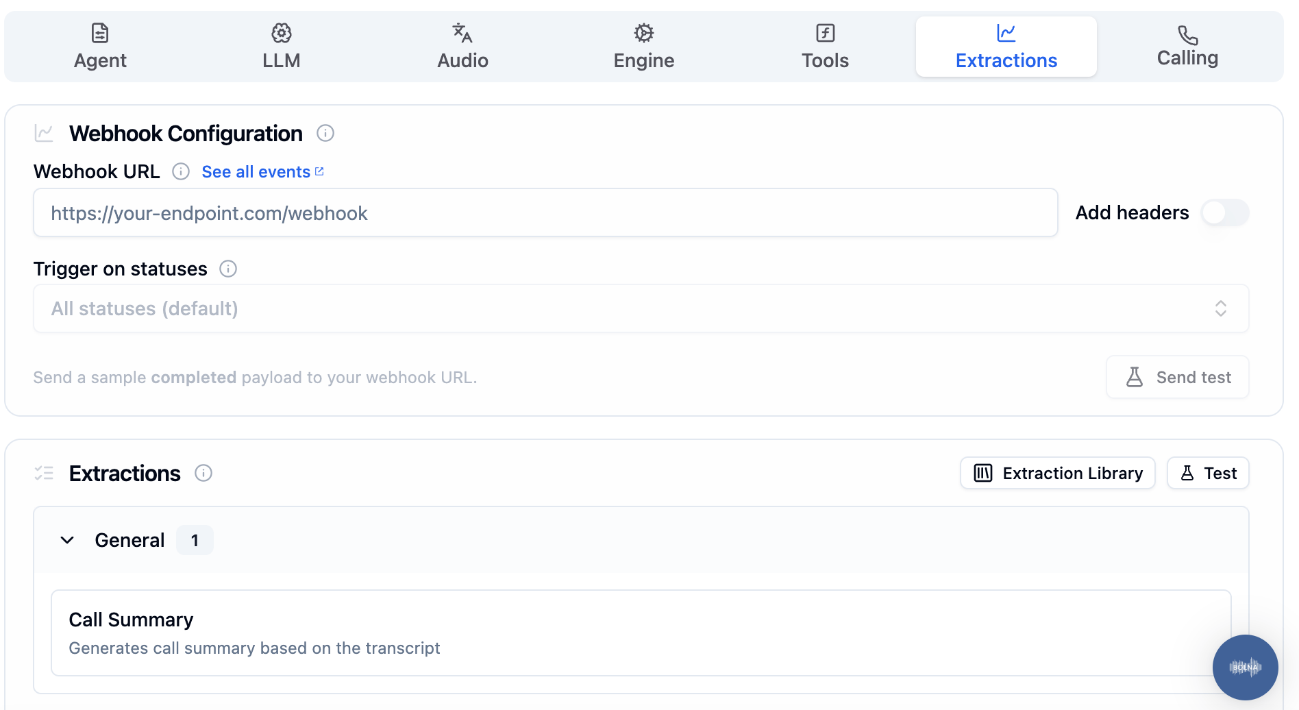 Extractions Tab showing webhook configuration and post-call tasks