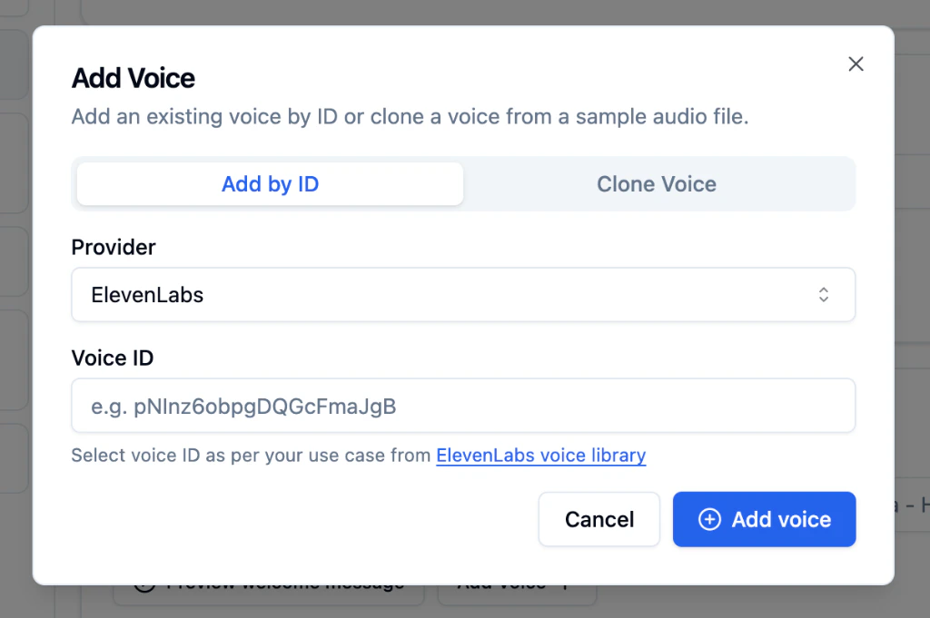 Bolna Add Voice modal with Add by ID tab active, ElevenLabs selected as provider, Voice ID input field with placeholder pNInz6obpgDQGcFmaJgB, and a blue Add voice button