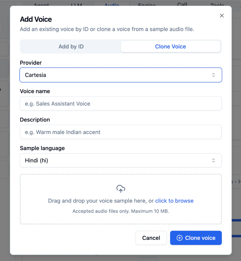 Bolna Clone Voice modal with Cartesia selected as provider, Voice name placeholder Sales Assistant Voice, Description placeholder Warm male Indian accent, Sample language Hindi, and drag-and-drop upload area for audio files up to 10 MB