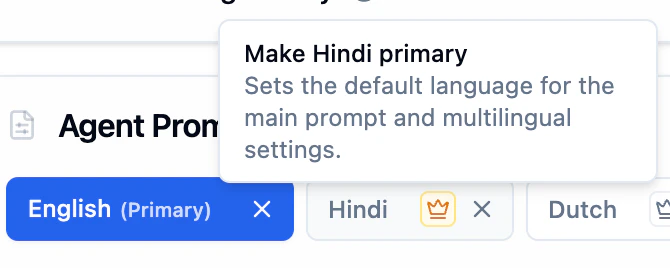 Tooltip showing Make Hindi primary option when clicking the crown icon next to Hindi in the Bolna language selector