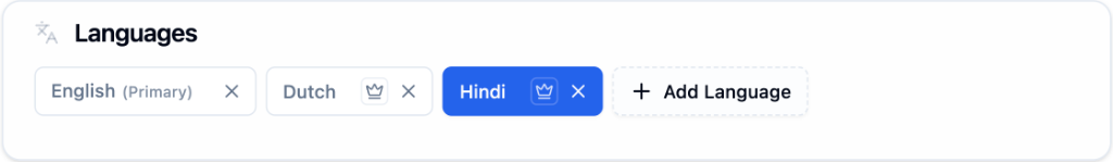 Bolna Audio Tab language configuration showing English marked as Primary, Dutch and Hindi as secondary languages, and an Add Language button on the right