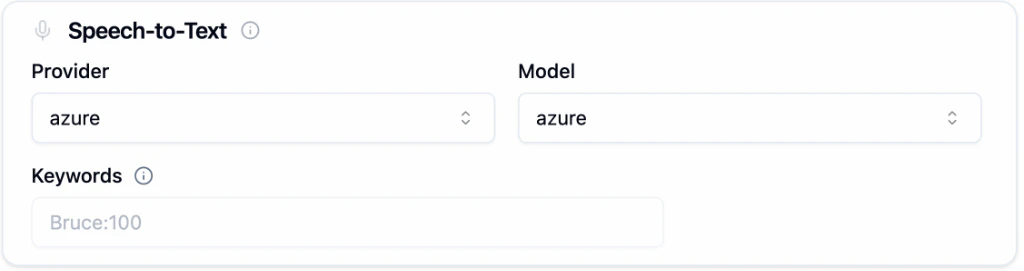 Bolna Speech-to-Text settings showing Provider dropdown set to Azure, Model dropdown set to Azure, and Keywords input field with Bruce:100 as an example keyword boost entry