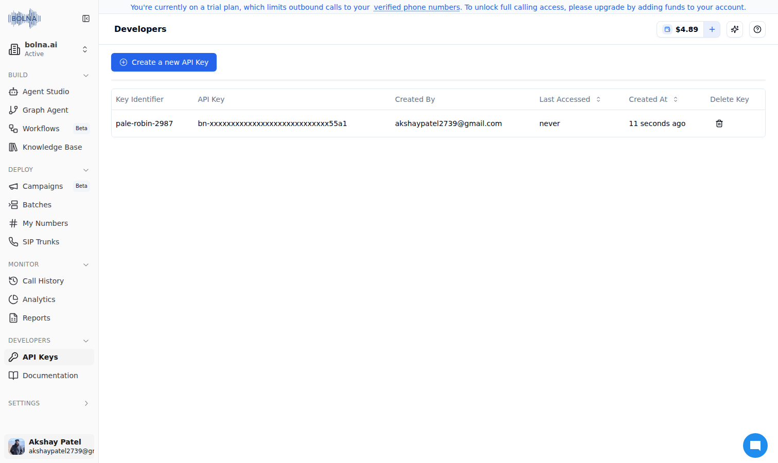 Bolna dashboard sidebar showing the Developers group with the API Keys item