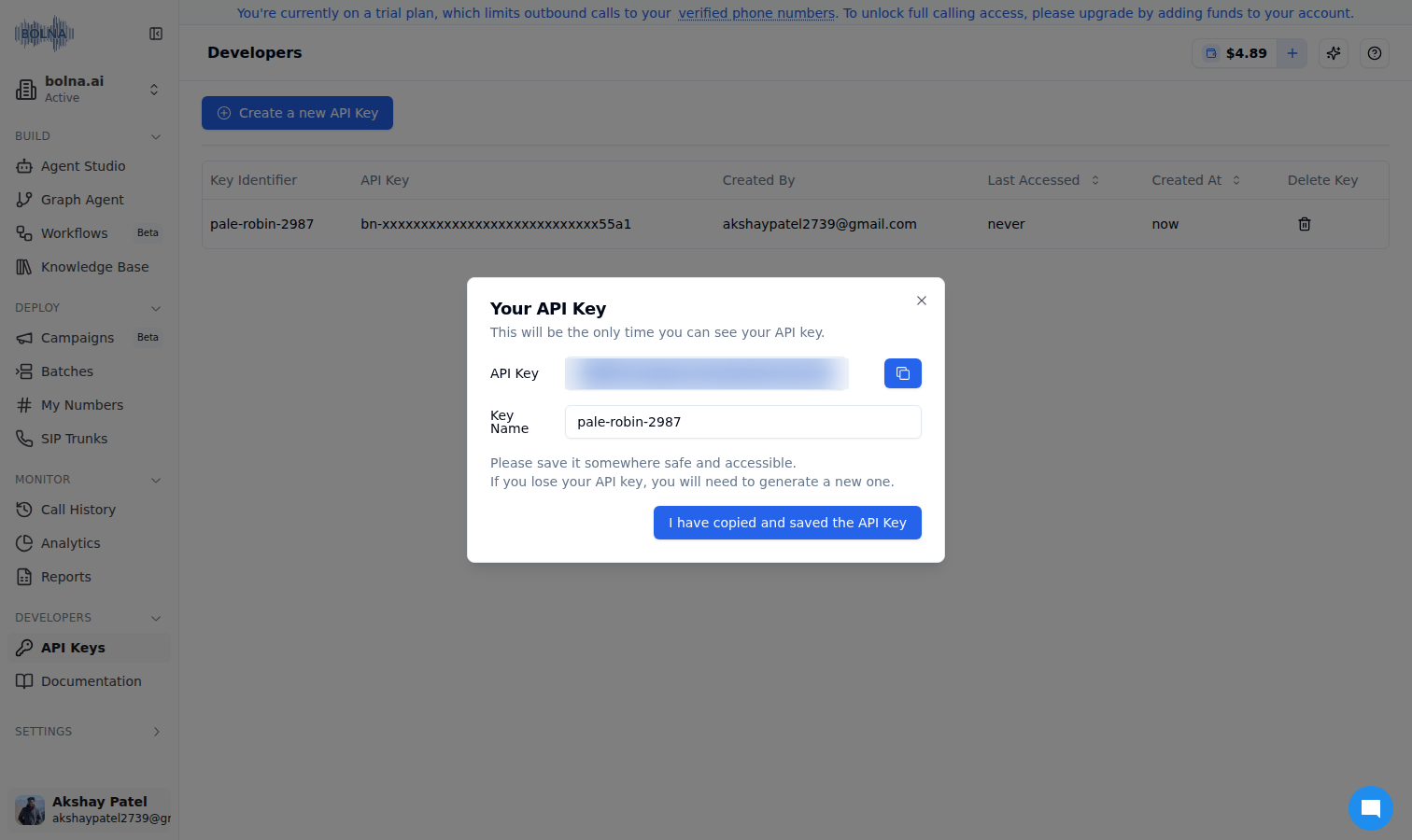 Bolna dashboard API key generation interface showing developers section for creating viaSocket integration authentication