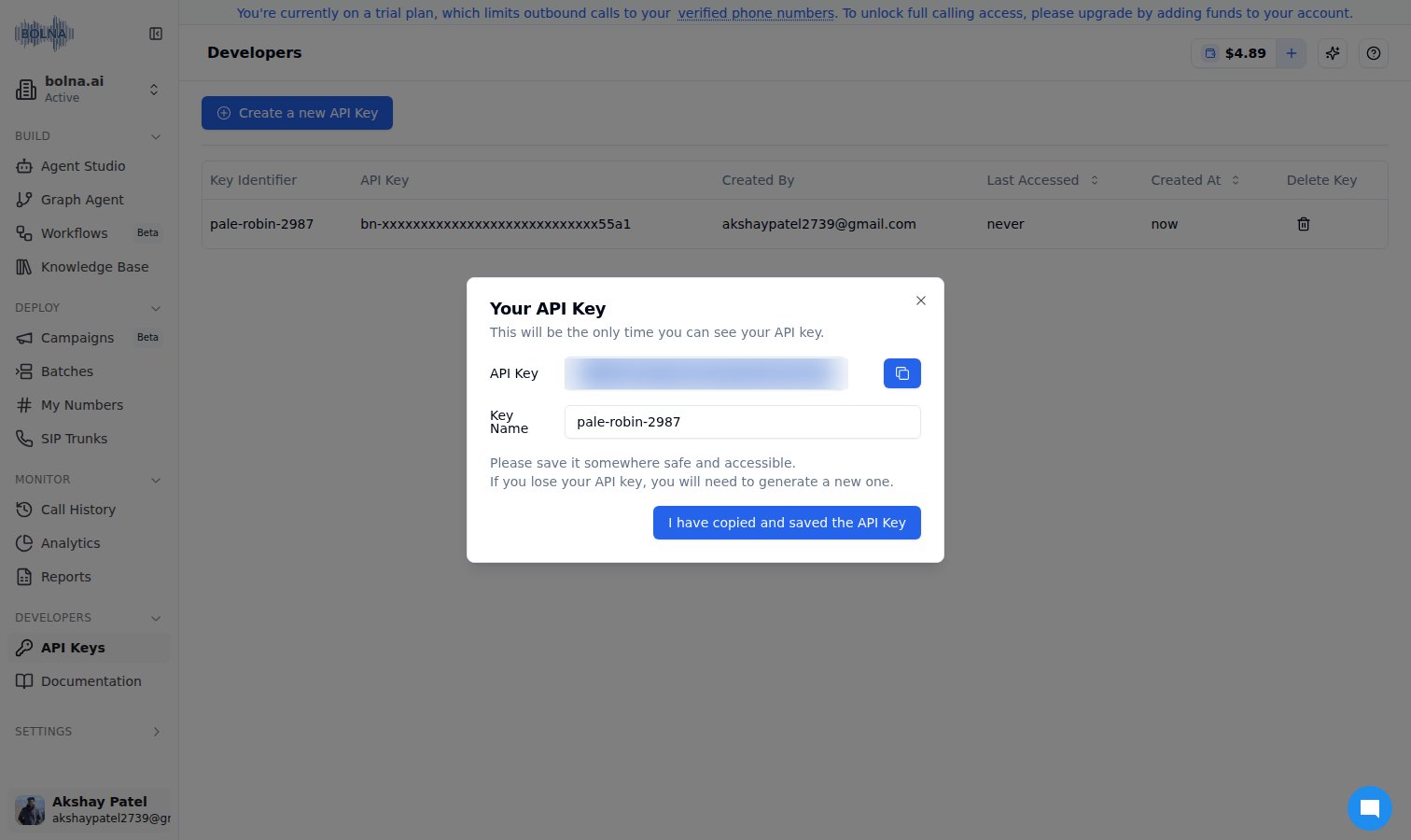Bolna dashboard API key generation interface showing developers section for creating viaSocket integration authentication
