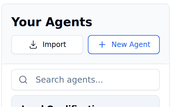 Your Agents panel header with Import and New Agent buttons above the agent search box