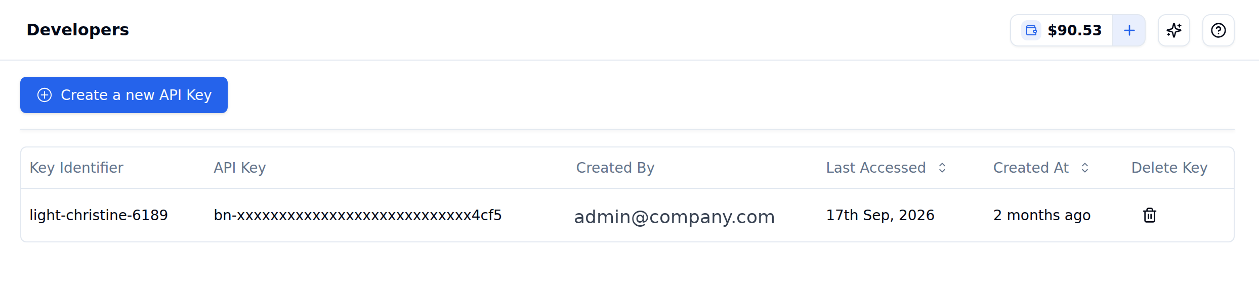 Developers page with the Create a new API Key button above a table of existing keys listing Key Identifier, masked API Key, Created By, Last Accessed, Created At and a delete icon