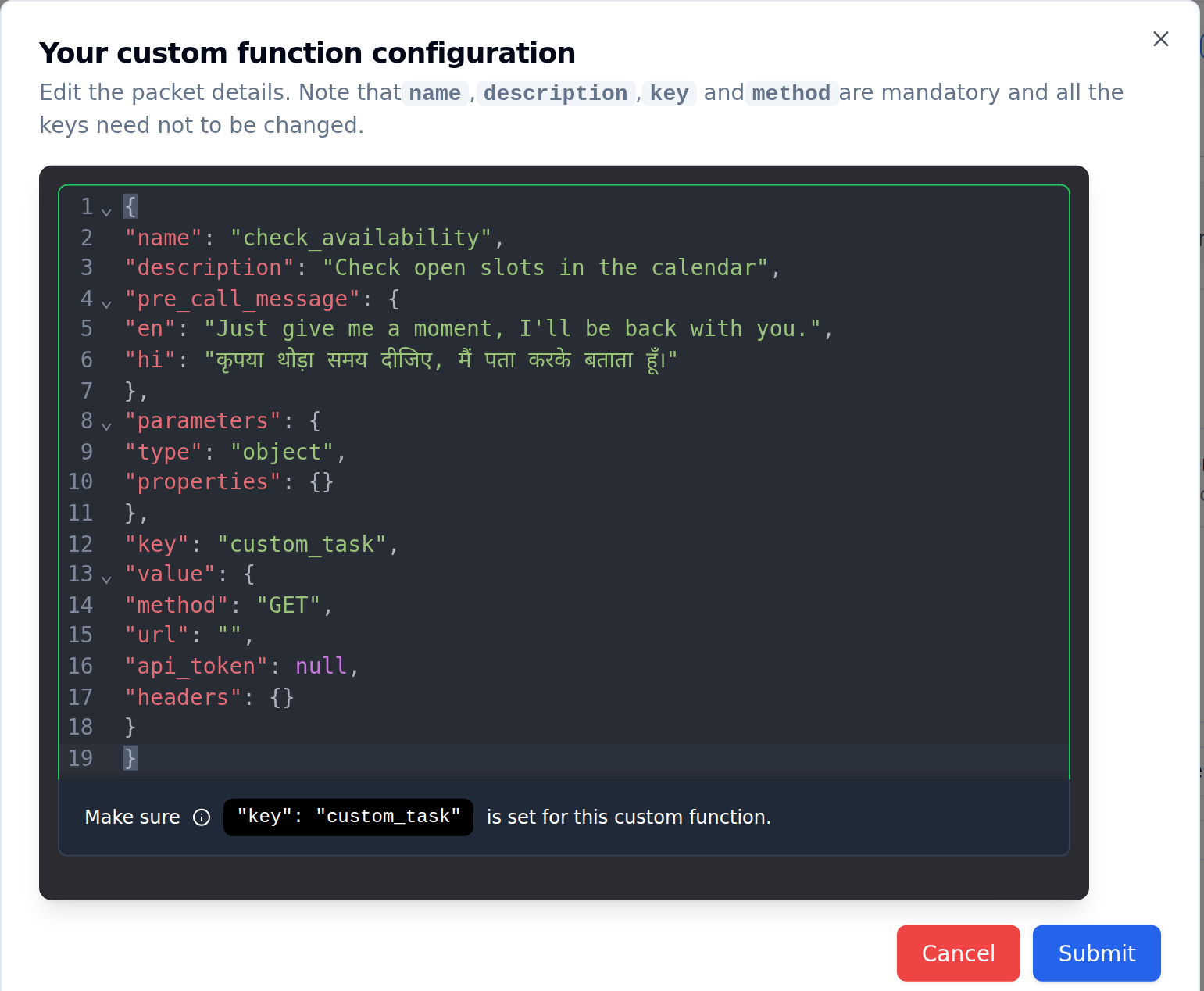 Your custom function configuration modal with a JSON editor where pre_call_message is an object holding en and hi variants, above Cancel and Submit buttons