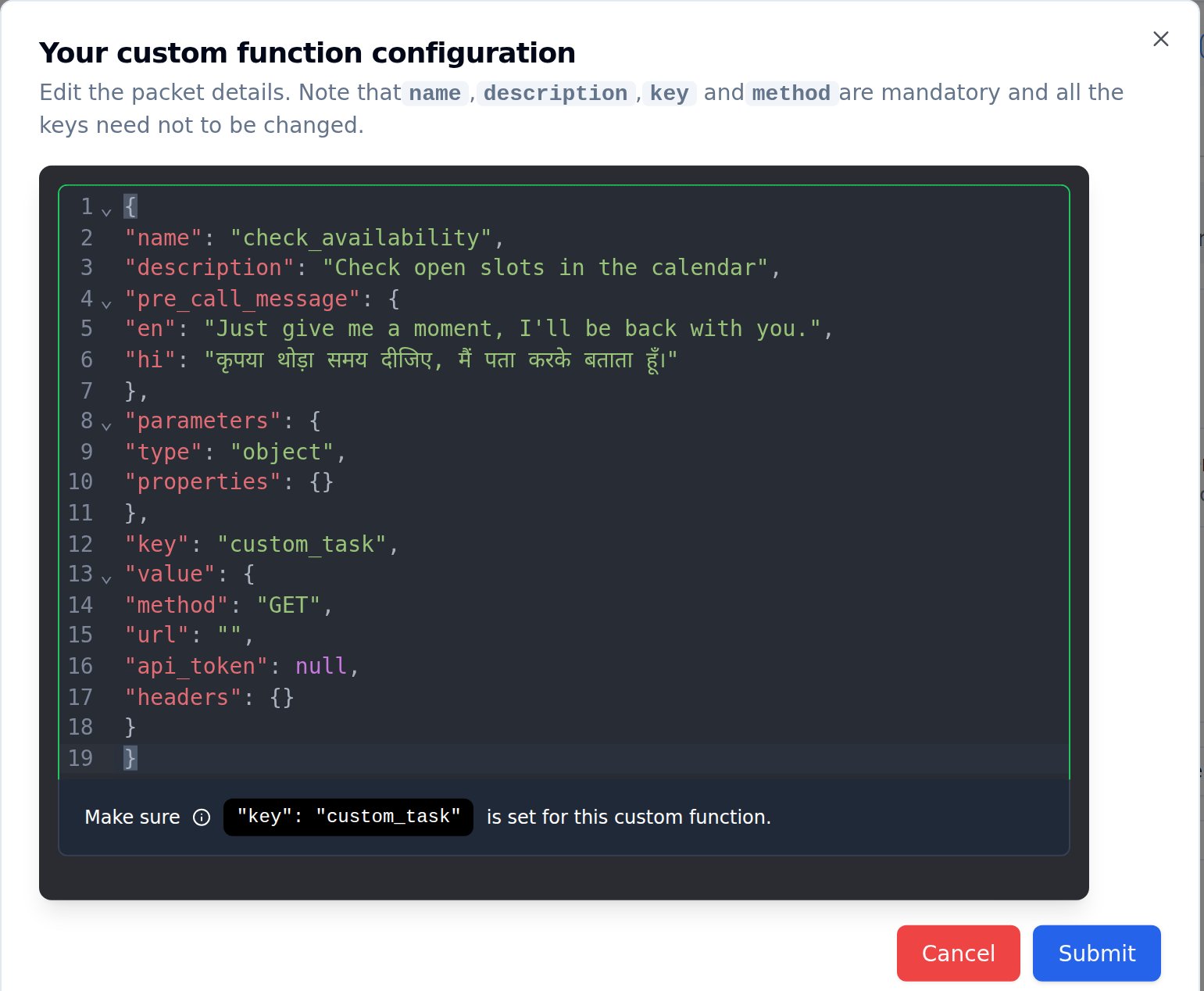 Your custom function configuration modal with a JSON editor where pre_call_message is an object holding en and hi variants, above Cancel and Submit buttons