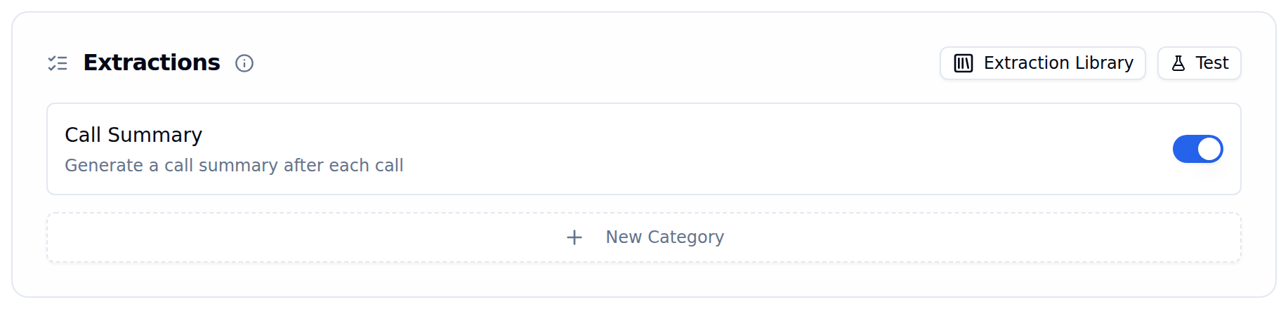 Empty Extractions card with Extraction Library and Test buttons, a Call Summary toggle and a New Category button
