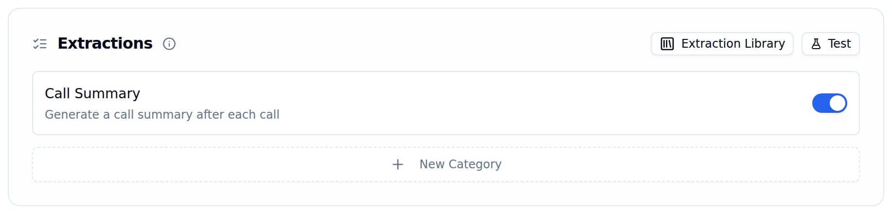 Empty Extractions card with Extraction Library and Test buttons, a Call Summary toggle and a New Category button