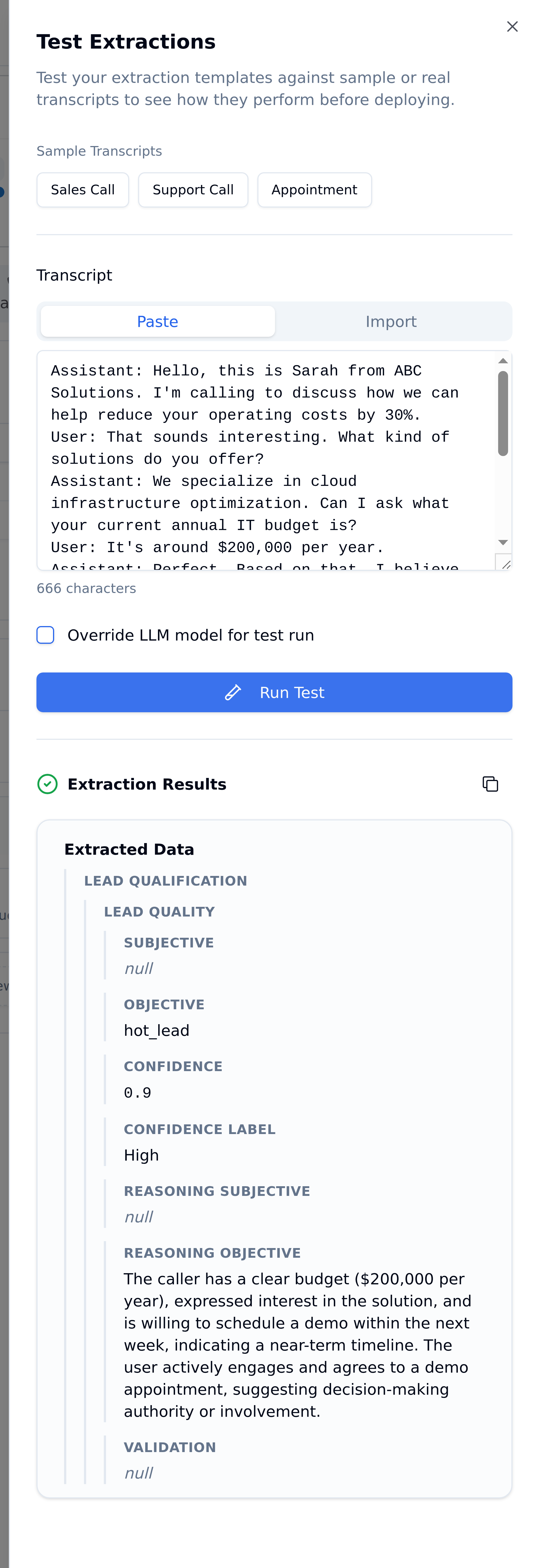 Test Extractions panel scrolled to an Extraction Results section showing Extracted Data for the Lead Qualification category and Lead Quality extraction with subjective null, objective hot_lead, confidence 0.9, confidence label High and a reasoning objective paragraph