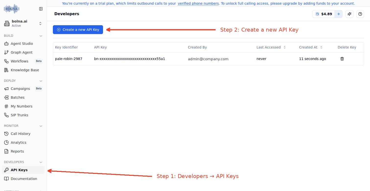 API key generation interface in Bolna platform showing developers section for creating authentication tokens