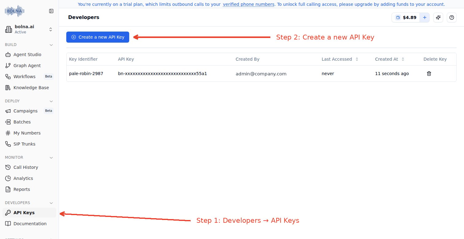 API key generation interface in Bolna platform showing developers section for creating authentication tokens