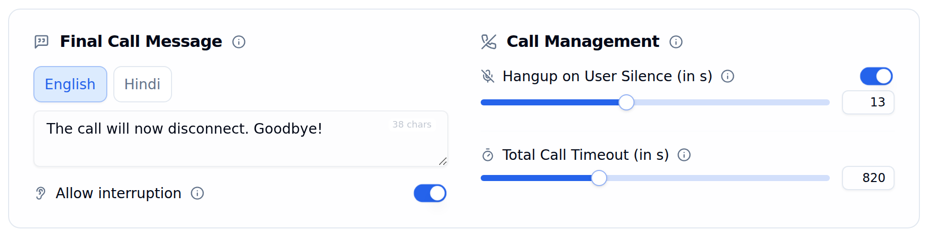 Final Call Message card with the Allow interruption toggle highlighted and switched on