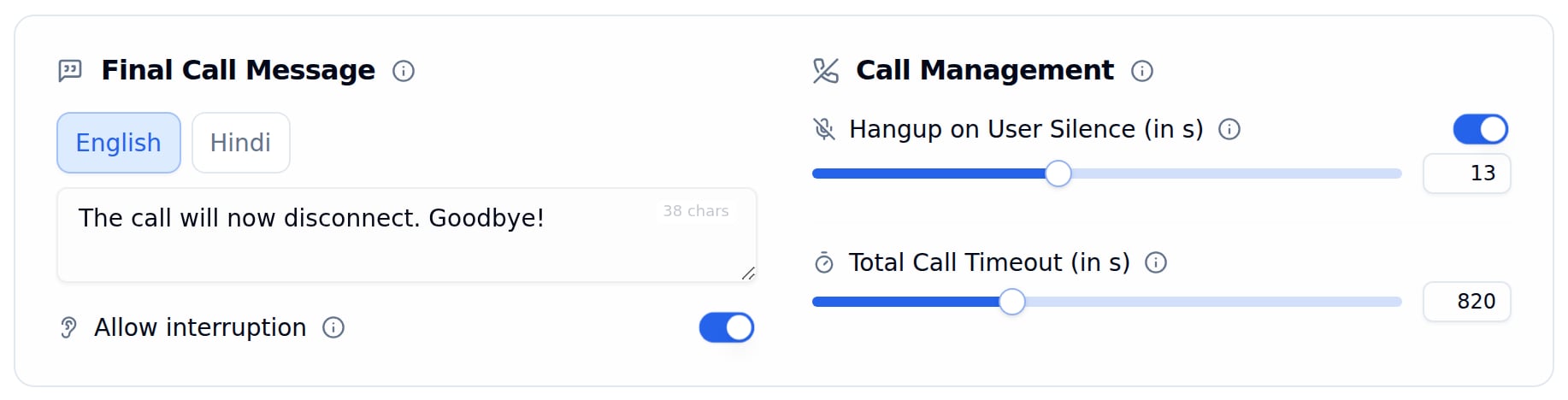Final Call Message card with the Allow interruption toggle highlighted and switched on