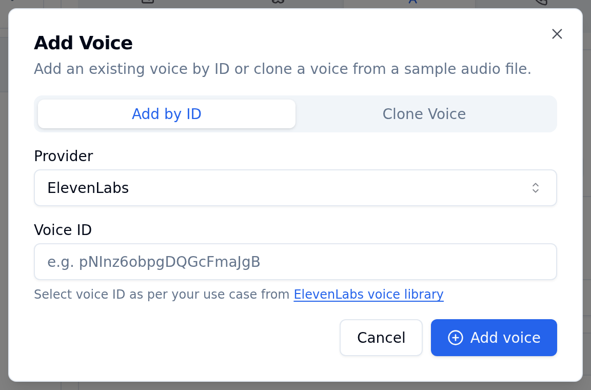 Bolna Add Voice modal with the Add by ID tab active, ElevenLabs selected as provider, a Voice ID field and a blue Add voice button