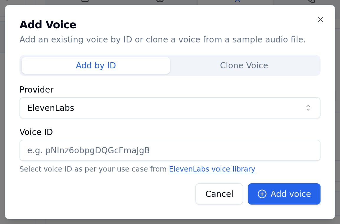 Bolna Add Voice modal with the Add by ID tab active, ElevenLabs selected as provider, a Voice ID field with placeholder pNInz6obpgDQGcFmaJgB, a link to the ElevenLabs voice library, and a blue Add voice button