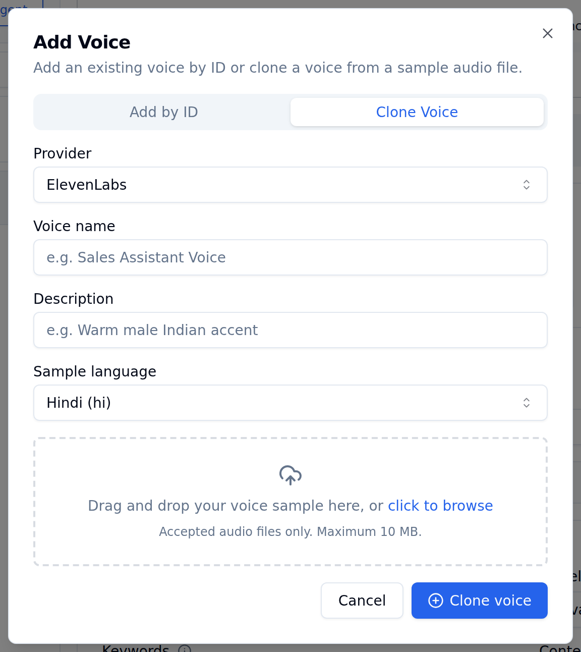 Bolna Add Voice modal on the Clone Voice tab with ElevenLabs selected as provider, Voice name, Description and Sample language fields and a drag-and-drop upload area for audio files up to 10 MB