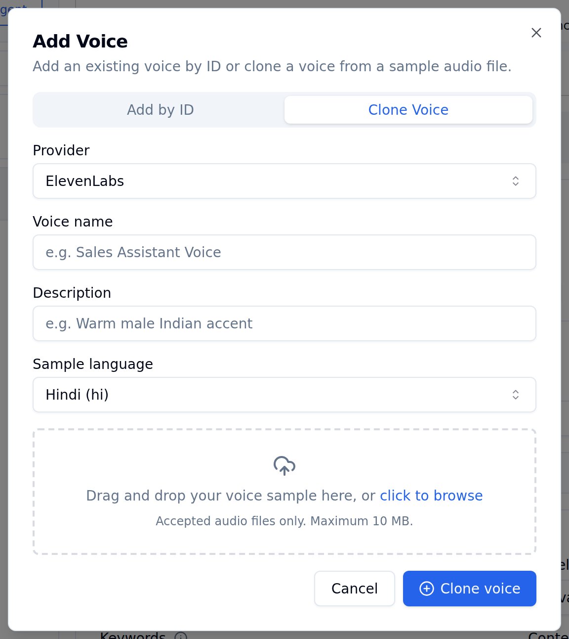 Bolna Add Voice modal on the Clone Voice tab with ElevenLabs selected as provider, Voice name placeholder Sales Assistant Voice, Description placeholder Warm male Indian accent, Sample language Hindi (hi), and a drag-and-drop upload area for audio files up to 10 MB