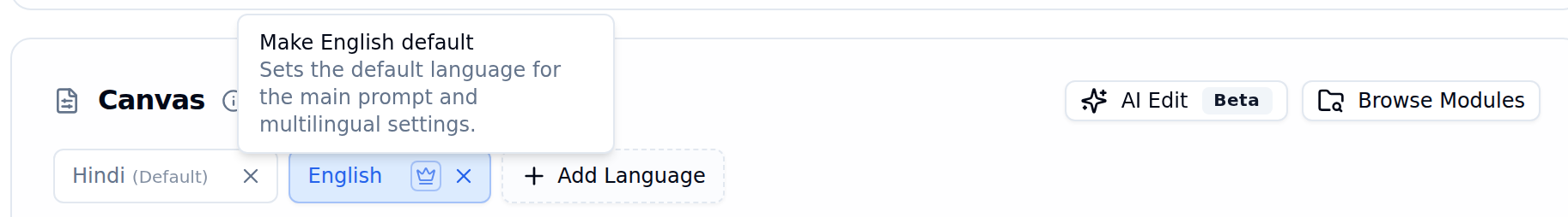 Make English default tooltip explaining that the crown icon sets the default language for the main prompt and multilingual settings