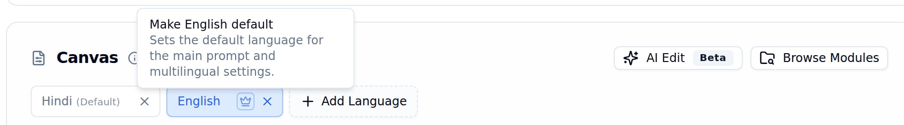 Make English default tooltip explaining that the crown icon sets the default language for the main prompt and multilingual settings