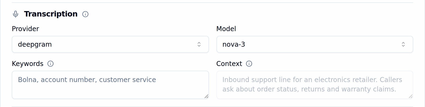 Bolna transcription settings showing Provider set to deepgram, Model set to nova-3, a Keywords field listing Bolna, account number, customer service, and a Context field