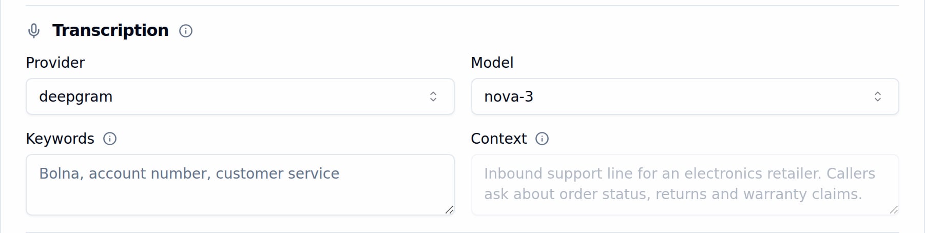 Bolna transcription settings showing Provider set to deepgram, Model set to nova-3, a Keywords field listing Bolna, account number, customer service, and a Context field