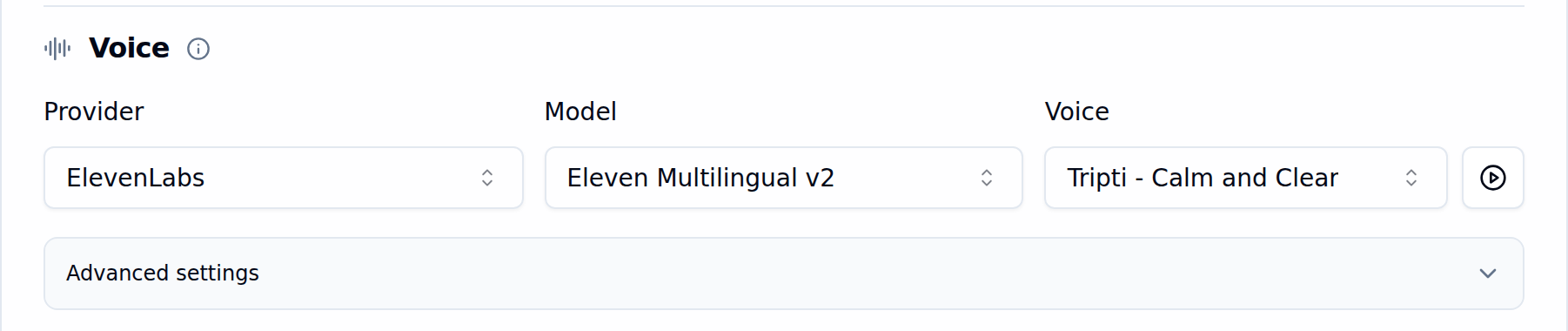 Bolna Voice settings showing ElevenLabs provider, Eleven Multilingual v2 model, Tripti - Calm and Clear voice selected, a play preview button and a collapsed Advanced settings panel