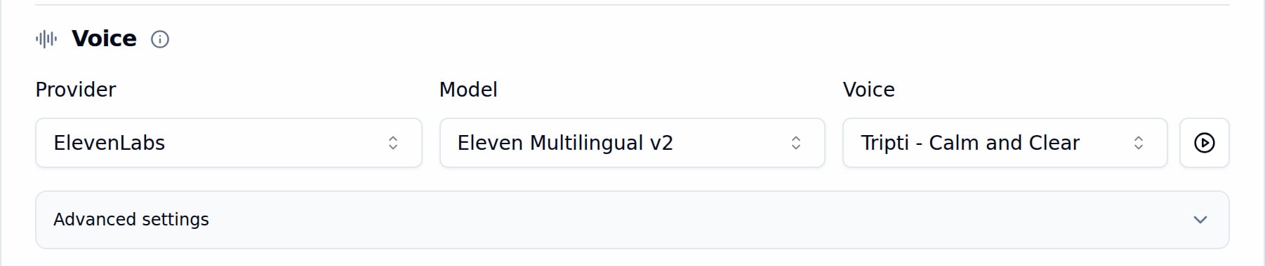 Bolna Voice settings showing ElevenLabs provider, Eleven Multilingual v2 model, Tripti - Calm and Clear voice selected, a play preview button and a collapsed Advanced settings panel