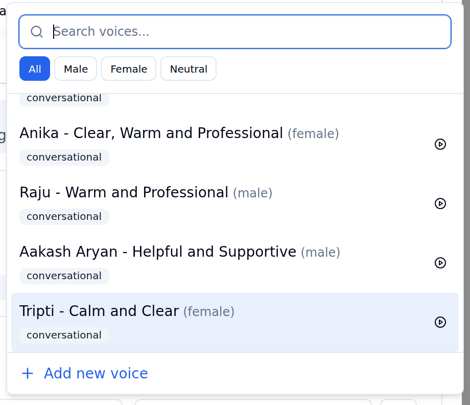 Bolna voice selector dropdown with a Search voices box, gender filter tabs and an Add new voice link at the bottom