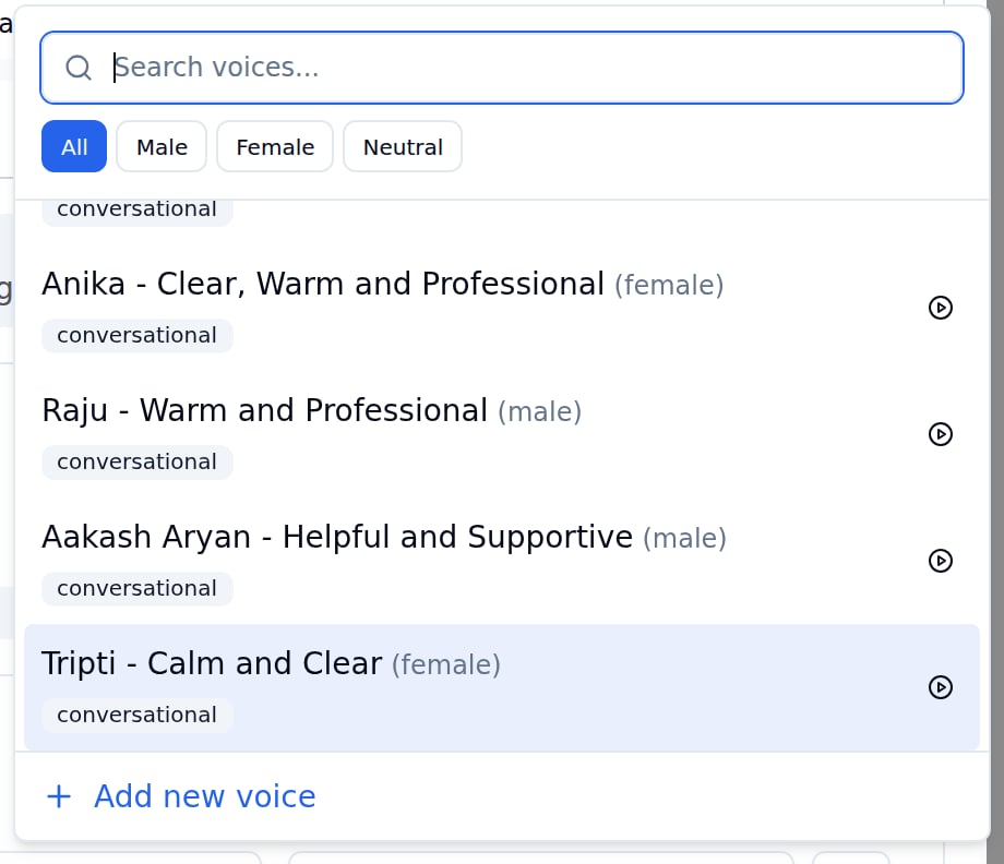 Bolna voice selector dropdown with a Search voices box, gender filter tabs for All Male Female and Neutral, voices including Anika, Raju, Aakash Aryan and Tripti with play buttons, and an Add new voice link at the bottom